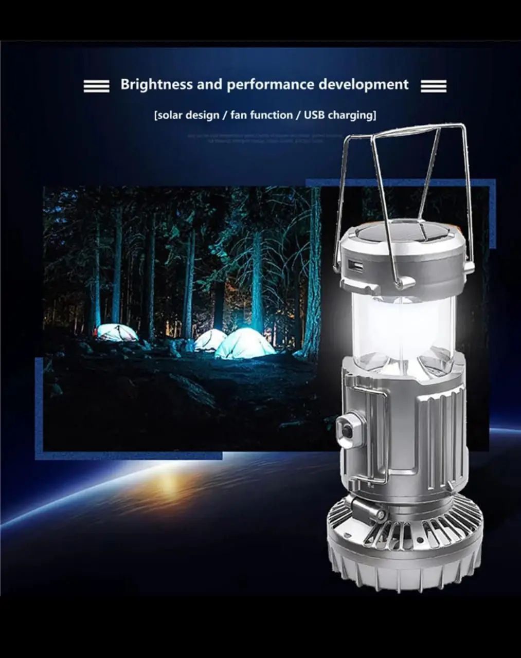 6in1 portable outdoor LED camping lantern with fan solar charge rechargeable light energy saving tent lamp flashlight