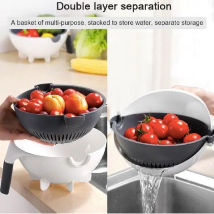 9 in 1 Multifunction Kitchen Wet Basket Vegetable Cutter With Drain Magic Rotate Safety