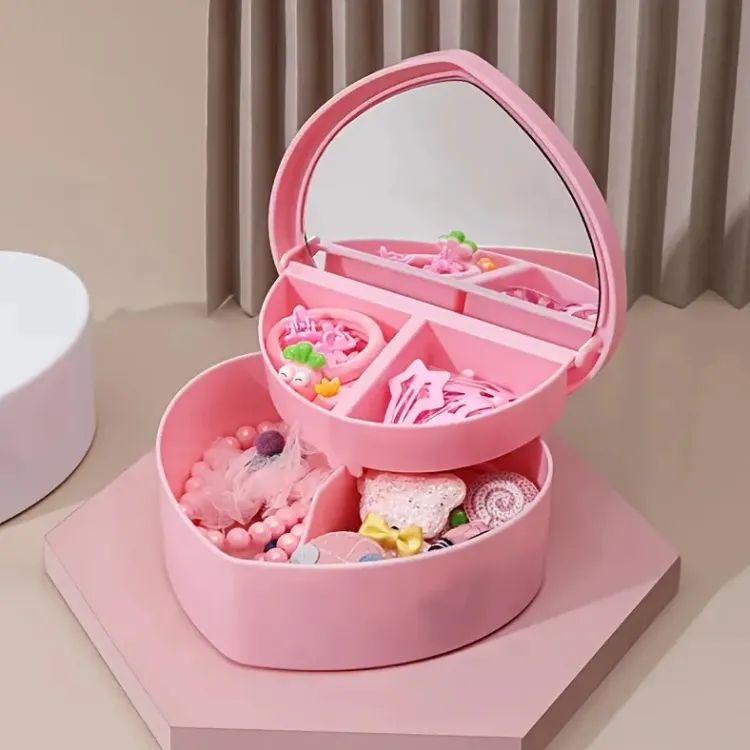 Heart Shape Cute Princess Jewellery Box for Baby Girls Makeup Box with Mirror for Girls