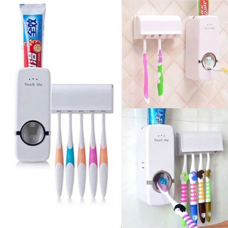 Toothpaste Dispenser With 5 Brush Holder Wall Mounted Automatic Hands Free Toothpaste Dispenser