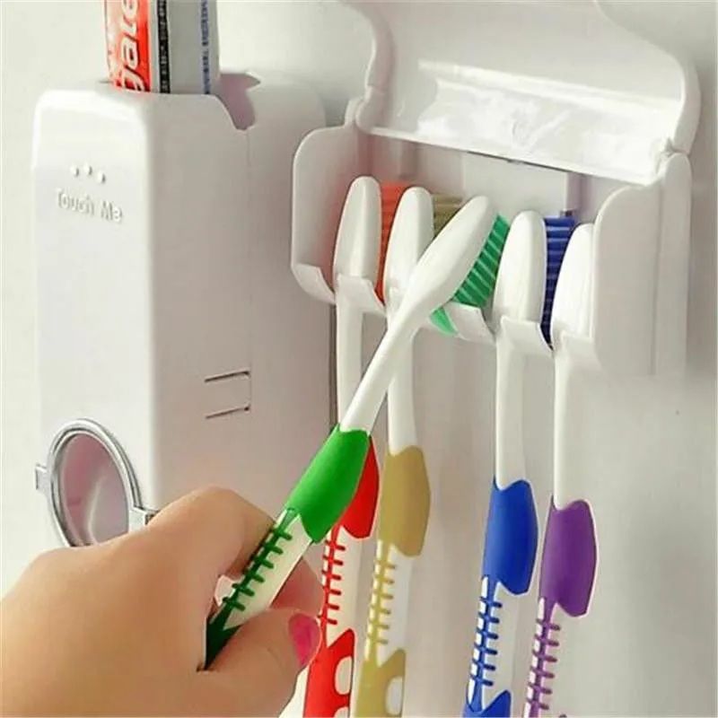 Toothpaste Dispenser With 5 Brush Holder Wall Mounted Automatic Hands Free Toothpaste Dispenser